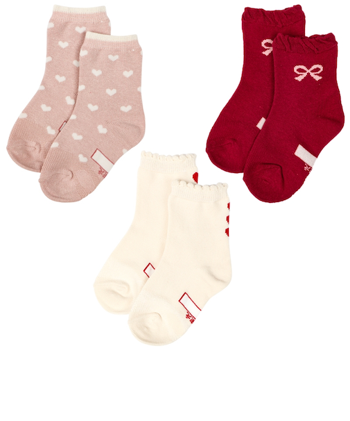 [キッズ]クルーソックス3足組　ハートリボン ピンク