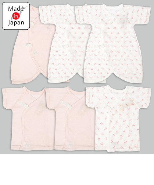 メッシュ　新生児肌着6点セット　半袖・七分袖　ピンク