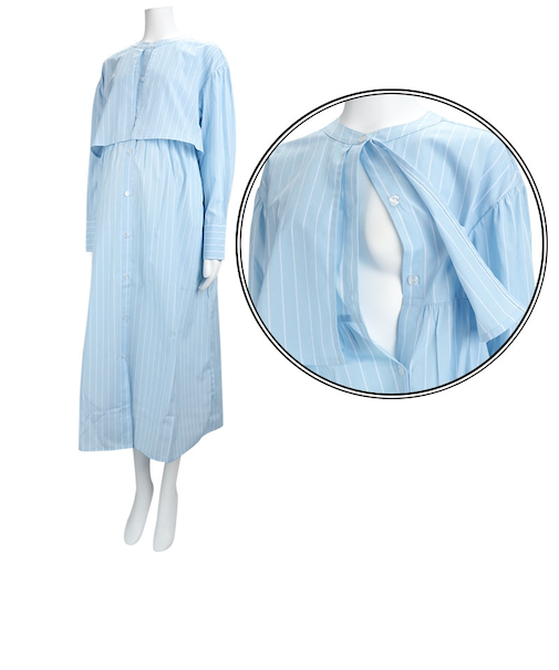 [授乳仕様]長袖ケープワンピース　ストライプ　サックス