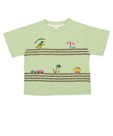 [キッズ]半袖Tシャツ　部分刺しゅう　グリーン