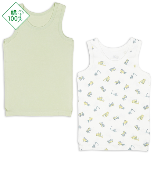 [キッズ]まいにちコットン　タンクトップ　2枚組　くるま　グリーン