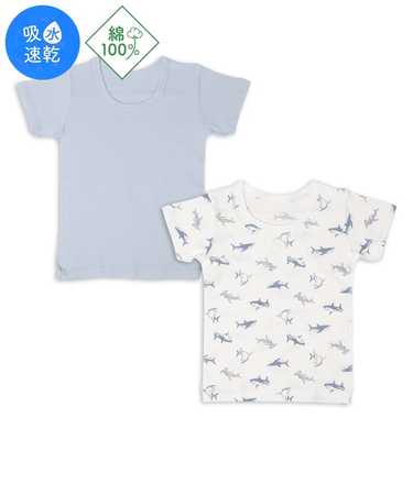 [キッズ]まいにちコットン　半袖　丸首シャツ　2枚組　サメ　サックス