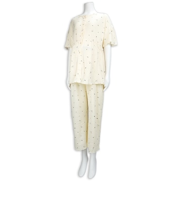 [授乳仕様]おなかゆったり　半袖テレコパジャマ　アイボリー