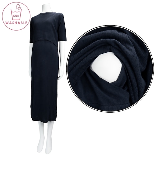 [授乳口付き]半袖ウォッシャブルリブニットワンピース　ネイビー