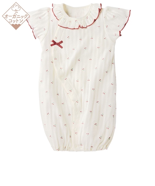 オーガニックコットン　半袖　ドレスオール　チェリー　アイボリー