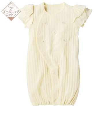 オーガニックコットン 半袖 ドレスオール 花 クリーム