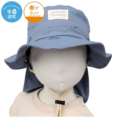 [48～54cm]サファリハット　日よけ付き　総柄プリント　吸水速乾　ブルー