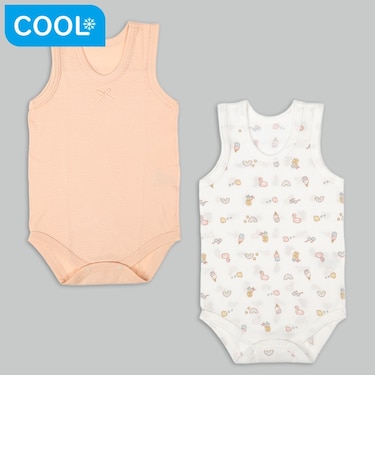 [ベビー]やわらかメッシュ　袖なしロンパース　2枚組　かぶり　トロピカル