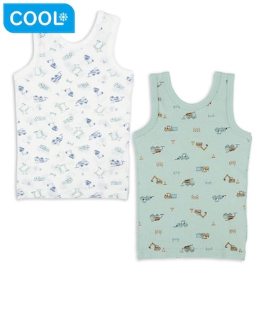 [ベビー]前後着られるメッシュ　タンクトップ　2枚組　はたらくくるま　グリーン