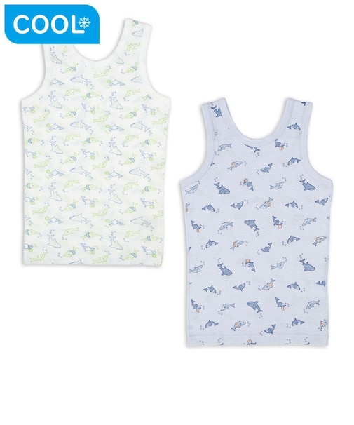 [キッズ]前後着られるメッシュ　タンクトップ　2枚組　サメシャチ　ブルー