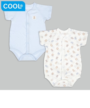 [ベビー]やわらかメッシュ　半袖ロンパース　2枚組　前開き　くま　サックス