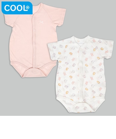 [ベビー]やわらかメッシュ　半袖ロンパース　2枚組　前開き　うさぎ　ピンク