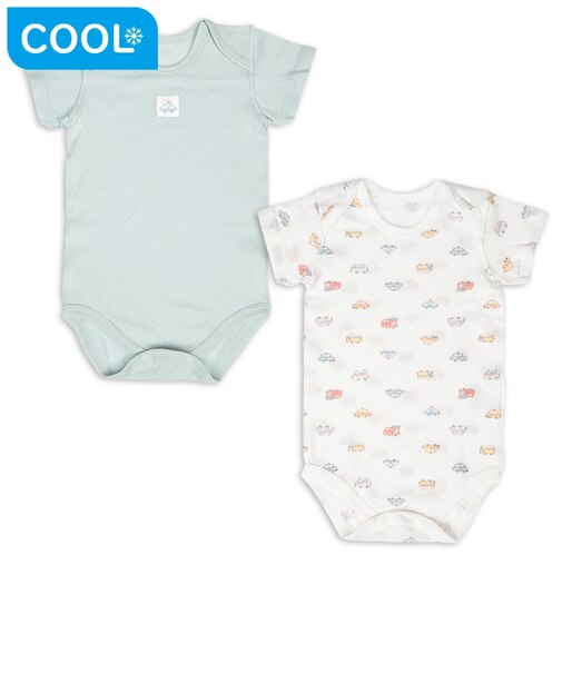 [ベビー]やわらかメッシュ　半袖ロンパース　2枚組　かぶり　くるま　グリーン