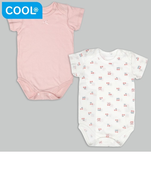 [ベビー]やわらかメッシュ　半袖ロンパース　2枚組　かぶり　チェリー　ピンク