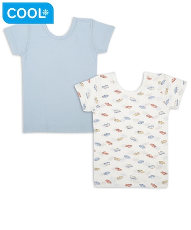 [ベビー]前後着られるメッシュ　半袖丸首シャツ　2枚組　くるま　サックス