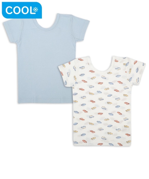 [ベビー]前後着られるメッシュ　半袖丸首シャツ　2枚組　くるま　サックス