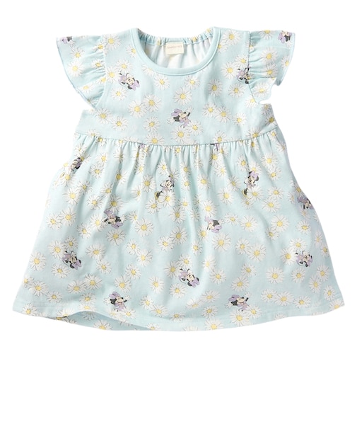 [ベビー]袖フリル総柄ワンピース　ミニー　ペパーミント