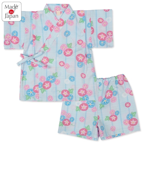 [キッズ]甚平(じんべい)スーツ 朝顔柄 サックス