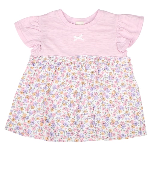 [キッズ]袖フリルTシャツ　胸切替え ピンク