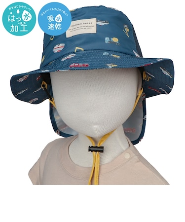 [48～54cm]サファリハット　日よけ付き　はっ水加工　総柄　ネイビー
