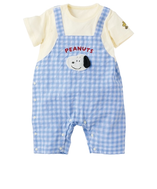 半袖プレオール　オーバーオール風　スヌーピー　サックス