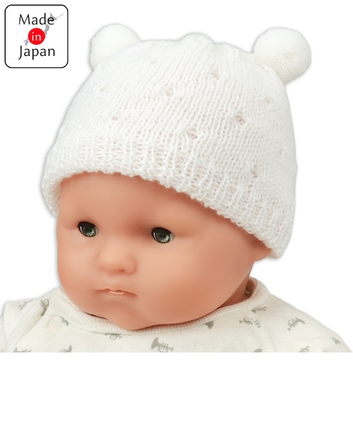 [36～40]やわらかニット帽子　くま耳ぼん天付　オフホワイト