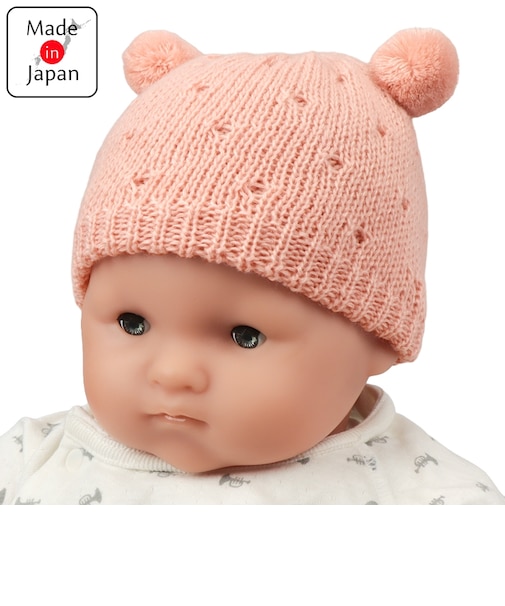 [36～40]やわらかニット帽子　くま耳ぼん天付　ピンク