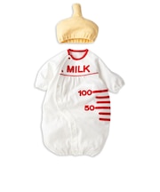 長袖ドレスオール　なりきり　帽子付　ほ乳びん