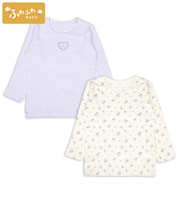 [キッズ]ふわふわコットン　長袖丸首シャツ　2枚組　花