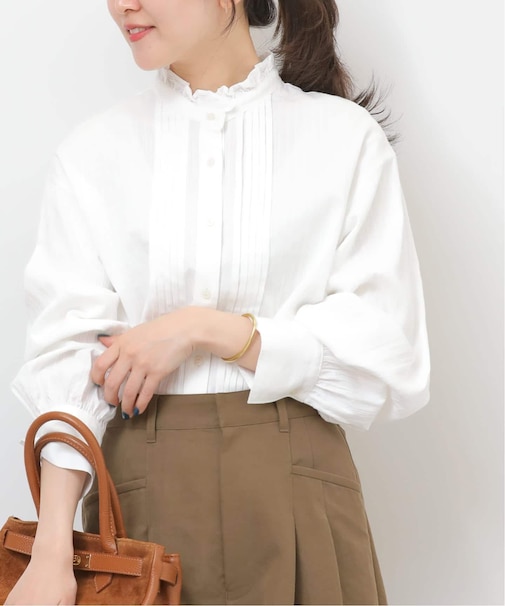 フリルネックドビーストライプシャツ