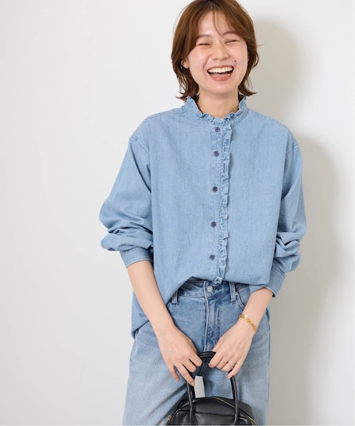 《追加3 / 新色》スタンドネックデニムフリルブラウス