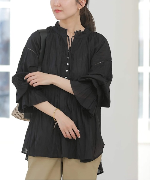 ［26SS新作］コットンボイルクリンクルタックフリルプルオーバー