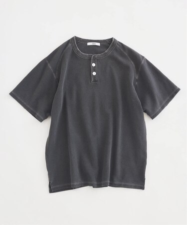 製品染め ワッフル調 ピケ ヘンリーネックTシャツ