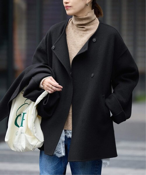 追加》ダブルクロスシャルム ダブルボタンノーカラーショートコート