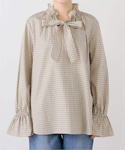 コットンチェックフリルブラウス