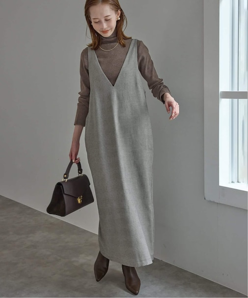 【2枚セット】チェックジャンパースカート×タートルニットセット