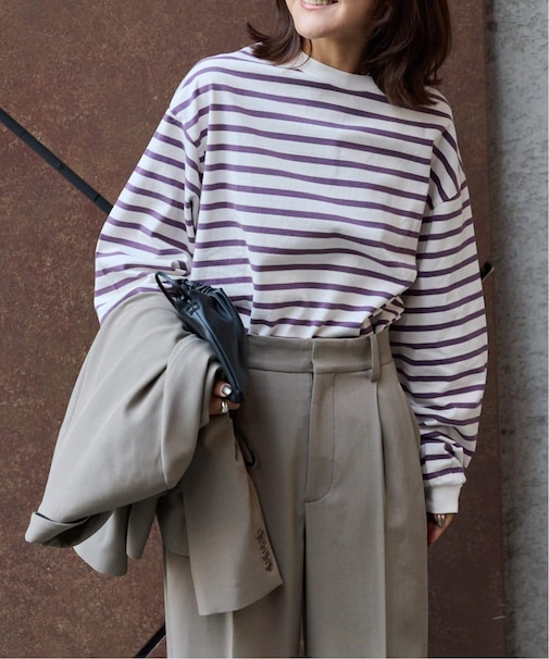 コットンボーダークルーネックワイドTEE