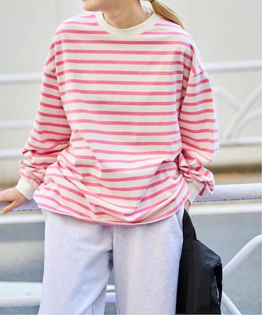 コットンボーダークルーネックワイドTEE