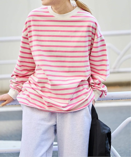 コットンボーダークルーネックワイドTEE