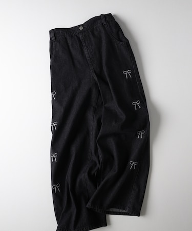 ヴィヴィアンブルー サイドリボン刺繍ワイドパンツ