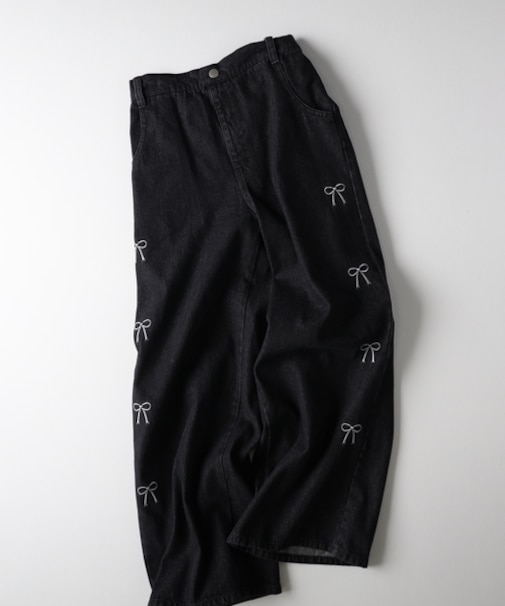 ヴィヴィアンブルー サイドリボン刺繍ワイドパンツ