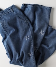 ヴィヴィアンブルー サイドリボン刺繍ワイドパンツ