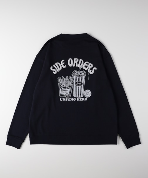 バックフードプリントクルーネックトレーナー