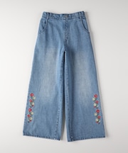 ヴィヴィアンブルー デニム刺繍ワイドパンツ