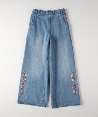 ヴィヴィアンブルー デニム刺繍ワイドパンツ