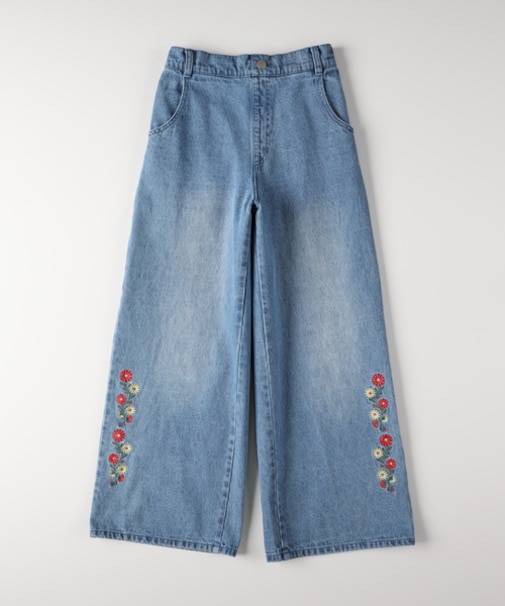 ヴィヴィアンブルー デニム刺繍ワイドパンツ