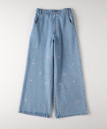 ヴィヴィアンブルー デニム刺繍ワイドパンツ