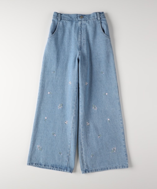 ヴィヴィアンブルー デニム刺繍ワイドパンツ