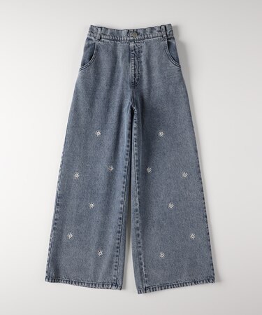 ヴィヴィアンブルー デニム刺繍ワイドパンツ