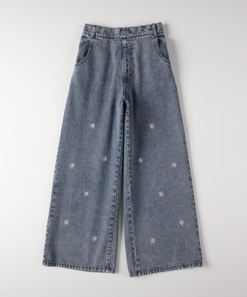 ヴィヴィアンブルー デニム刺繍ワイドパンツ
